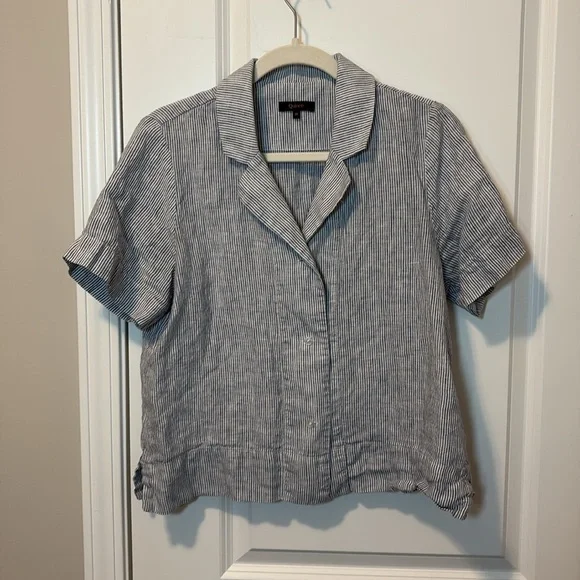 100% European Linen Short Sleeve Shirt blue stripe - Picture 3 of 7